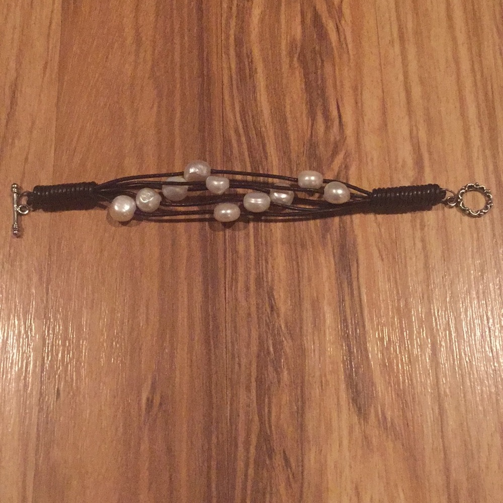 Dark Brown Leather Pearl Sterling Silver Bracelet